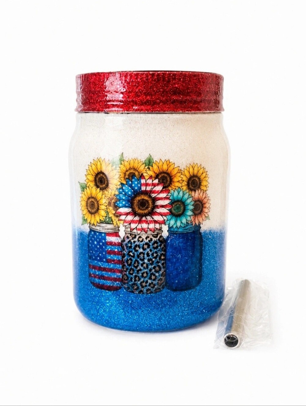 Handmade Patriotic Sunflower Mason Jar Tumbler 12oz Epoxy Glitter Cup W/straw